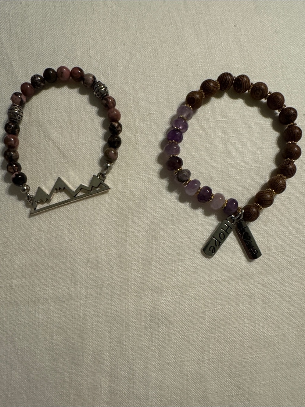 2 Genuine Beaded Mountain & Charm Stretch Bracelets - Pink, Purple, Brown